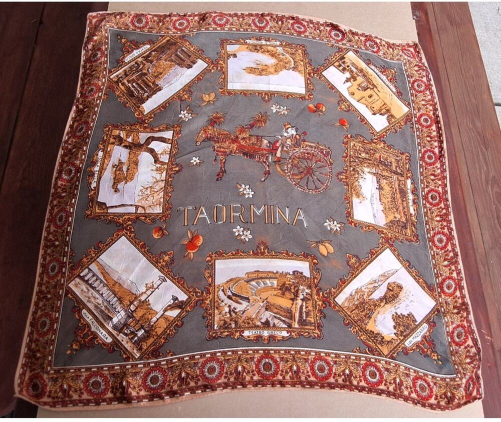Vintage Square Souvenir Scarf from Taormina, Sicily Italy  Green Red Gold 25x25